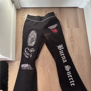 True Religion Black Graphic Flared Sweatpants with White & Red Details